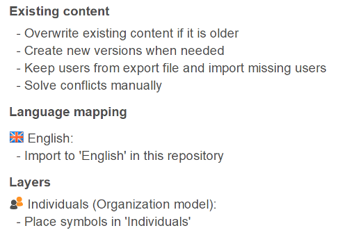Summary of import settings