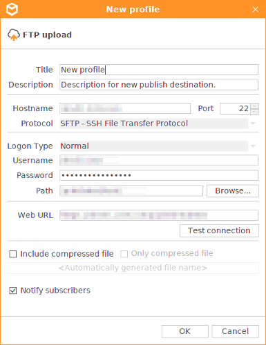 FTP upload profile with "Notify subscribers" enabled