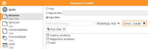 Val av innehåll vid export