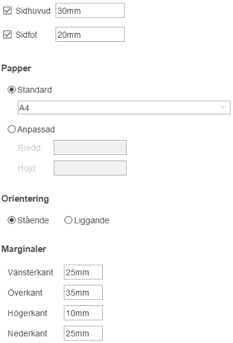 Pappersstorlek och marginaler