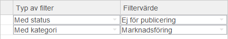 Filter f&ouml;r att v&auml;lja ut objekt med
            en viss status och kategori.
