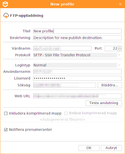 FTP-uppladdningsprofil med "Notifiera prenumeranter" p&aring;slaget